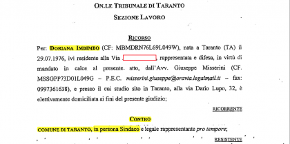 ESCLUSIVA ! Il ricorso della "staffista" del Sindaco Melucci contro il Comune di Taranto, in attesa del processo penale item-thumbnail