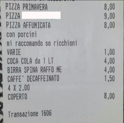Scontrino in pizzeria: «Mi raccomando so’ ricchioni». Il cameriere perde il posto ! Scontrino in pizzeria: «Mi raccomando so’ ricchioni». Il cameriere perde il posto !