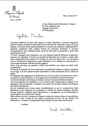 Ferrovie Sud Est. Vendola scrive a Lupi: incontriamoci item-thumbnail