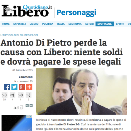 Di Pietro perde la causa con il quotidiano Libero: niente soldi e dovrà pagare le spese legali item-thumbnail