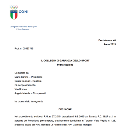 Tutta la verità sul ricorso “fallito” del Taranto calcio. I documenti “ufficiali” Tutta la verità sul ricorso “fallito” del Taranto calcio. I documenti “ufficiali”