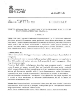 L’ordinanza del Sindaco di Taranto sul “no” ai botti è vigente. Diffidate dalla disinformazione … L’ordinanza del Sindaco di Taranto sul “no” ai botti è vigente. Diffidate dalla disinformazione …