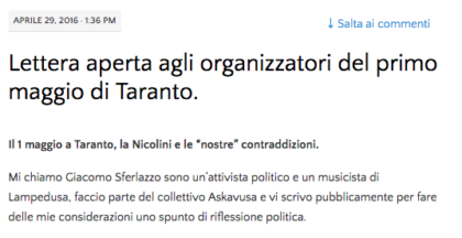 Lettera aperta agli organizzatori del primo maggio di Taranto. Lettera aperta agli organizzatori del primo maggio di Taranto.