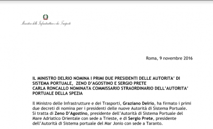 Il Ministro Delrio ha firmato i primi due decreti di nomina per i presidenti delle nuove Autorità di Sistema Portuale Il Ministro Delrio ha firmato i primi due decreti di nomina per i presidenti delle nuove Autorità di Sistema Portuale