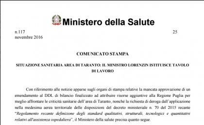 Il Ministro Lorenzin istituisce tavolo di lavoro sulla situazione sanitaria dell’ area di Taranto item-thumbnail