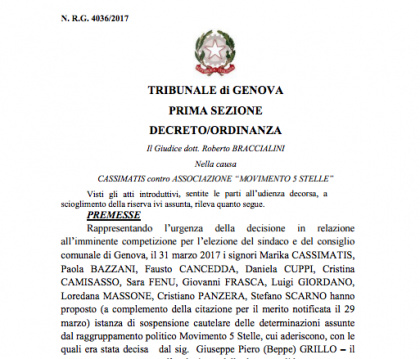 Genova: il tribunale dà ragione a Marika Cassimatis. Per il giudice: “Grillo non ha potere di intervento sulle candidature locali”” Genova: il tribunale dà ragione a Marika Cassimatis. Per il giudice: “Grillo non ha potere di intervento sulle candidature locali””