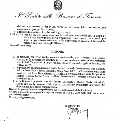Ecco l’ordinanza della Prefettura. Chiuse tutte le strutture della cooperativa Indaco di Taranto di Salvatore Micelli item-thumbnail