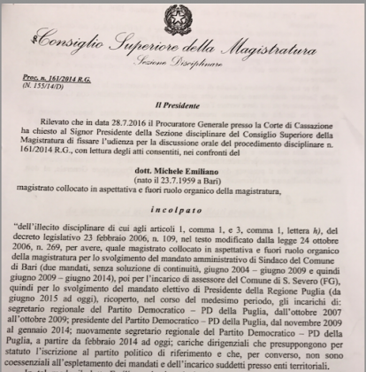 Caso Emiliano. Il Csm rinvia al 27 luglio la decisione sulla incompatibilità magistrati-politica item-thumbnail