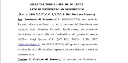 La Provincia di Taranto si schiera con il Governo e presenta un contro ricorso al Tar, contro il ricorso del Comune di Taranto item-thumbnail
