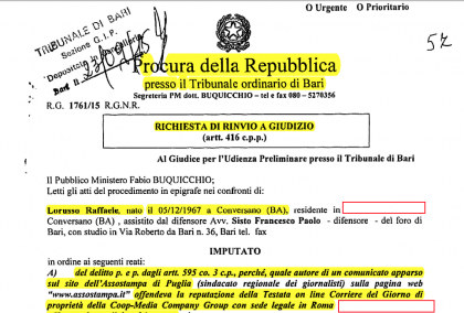 La Procura di Bari chiede il processo per le diffamazioni dell’ Assostampa di Puglia ed il segretario nazionale della FNSI contro il Corriere del Giorno item-thumbnail