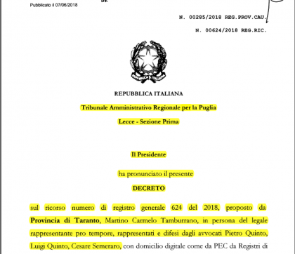 Rigettato il ricorso di sospensiva della Provincia di Taranto al Tar di Lecce contro CTP Rigettato il ricorso di sospensiva della Provincia di Taranto al Tar di Lecce contro CTP