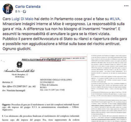 L’ex Ministro Calenda replica all’ Anac e smentisce e Di Maio L’ex Ministro Calenda replica all’ Anac e smentisce e Di Maio